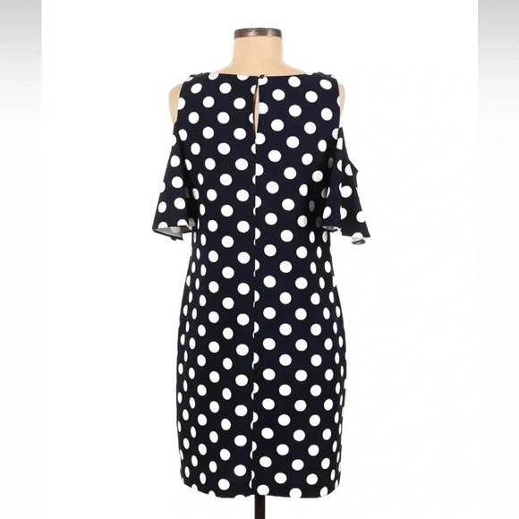 Eliza J Cold Shoulder Pinup Rockabilly Polka Dots Dress Navy Size 8 Medium M - Picture 2 of 3